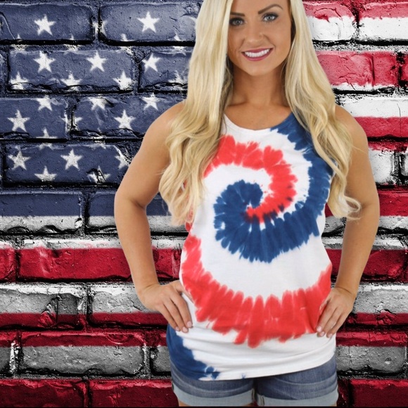 Red White Blue Tie Dye Trendy Swirl Cotton Tank - Picture 2 of 2